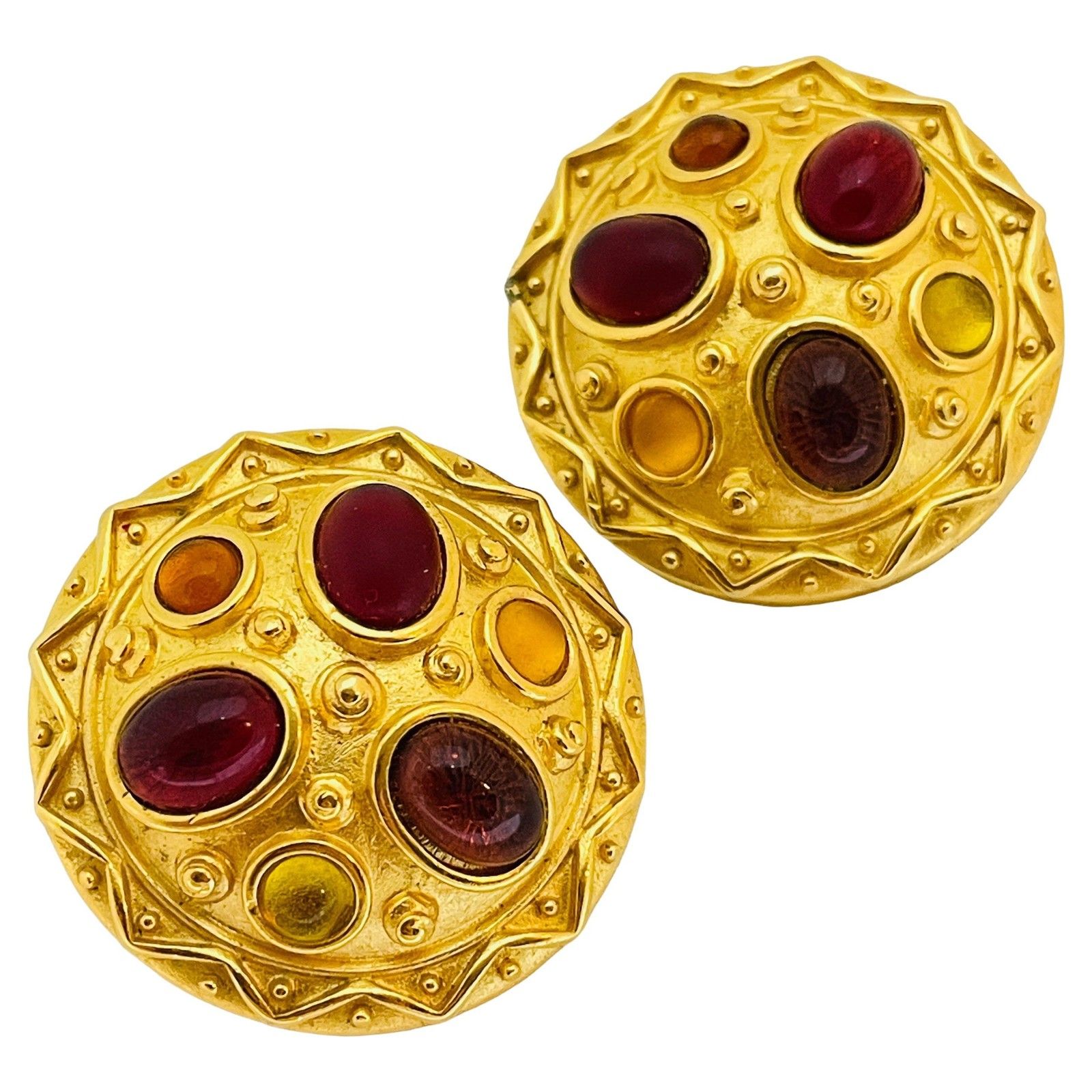 Vintage Gold Glass Stones Etruscan Byzantine Designer Runway Clip On Earrings
